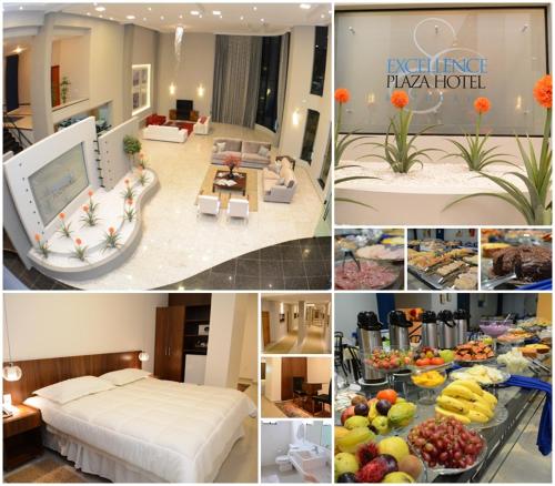 a collage of pictures of a hotel room with a bed and food at Excellence Plaza Hotel in Botucatu
