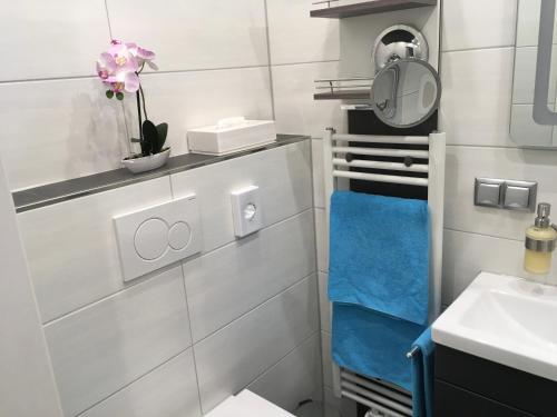 ein Badezimmer mit einem Waschbecken, einem WC und einem Spiegel in der Unterkunft Pension Haus Wanninger in Warmensteinach