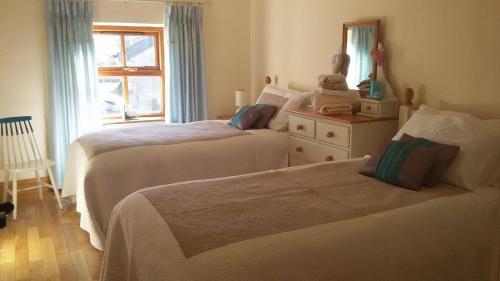 1 dormitorio con 2 camas y ventana en Hazel Cottage, en Limerick