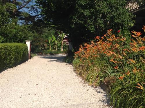 a gravel path next to a garden with flowers at Chambres & Tables d'hôtes Le Pech Grand in Saint-Sozy