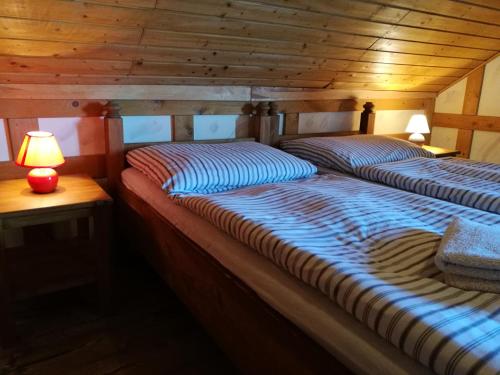 two twin beds in a wooden room with a lamp at Restaurant Pension-Anton in Jáchymov