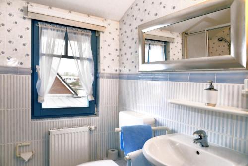 a bathroom with a sink and a toilet and a mirror at Pension zum Brauhaus in Stralsund