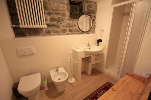 a bathroom with a toilet and a sink and a mirror at Appartamenti Peroulaz in Charvensod