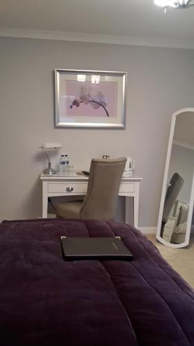 a bedroom with a bed and a desk with a laptop at Springfield Lodge Bed and Breakfast in Stirling