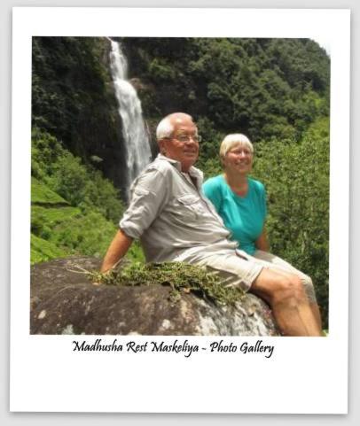 a man and woman sitting on a rock in front of a waterfall at Madhusha Rest in Maskeliya