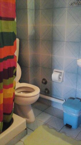 a bathroom with a toilet and a colorful shower curtain at MARGARITAS' ROOMS in Agios Gordios