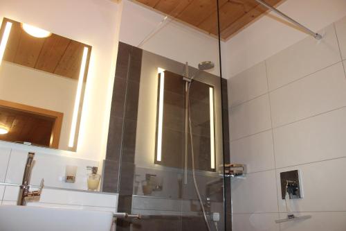 ein Bad mit einer Dusche, einem Waschbecken und einem Spiegel in der Unterkunft Ferienappartement Eninger in Fleischwangen