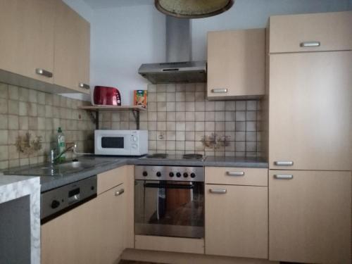 a kitchen with a stove and a microwave at Apartment City-VIC in Vienna