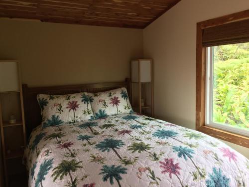 a bedroom with a bed with a pillow and a window at Volcano Eco Cabin & Eco Lodge in Volcano
