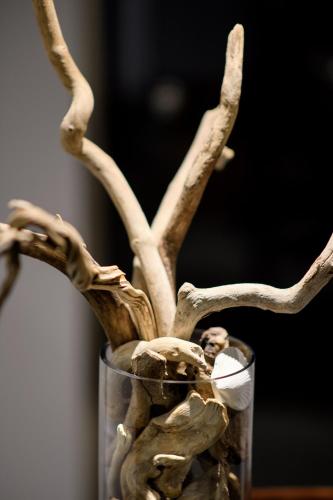 a glass vase filled with some branches in it at Gkeea Boutique Hotel in Ierissos