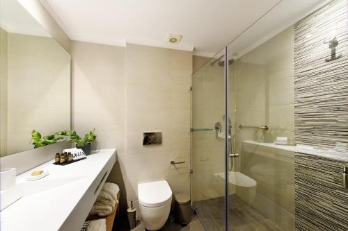 a bathroom with a shower and a toilet and a sink at Gkeea Boutique Hotel in Ierissos