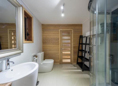 La salle de bains est pourvue de toilettes, d'un lavabo et d'une douche. dans l'établissement Hotel boutique Refugio de Navegantes, à Dalcahue