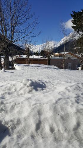 a snow covered yard with trees and a mountain at L'angolo di Sissi in Colle Isarco