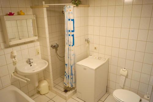 a bathroom with a sink and a toilet and a shower at Ferienappartement Möbius in Aulendorf