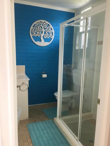 a blue bathroom with a shower and a toilet at Beachlander Self-Contained Holiday Apartments in Coffs Harbour