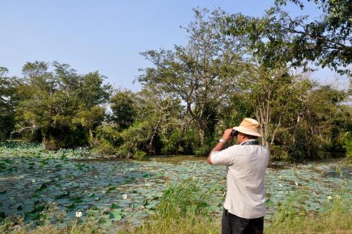 a man is taking a picture of a river at The Backwaters Lodge in Wilpattu