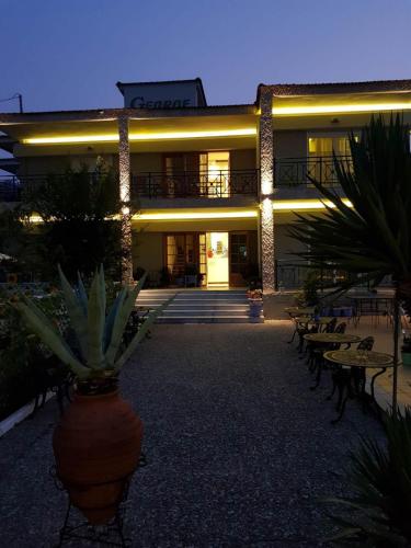 a building with a potted plant in front of it at Hotel George in Limenas
