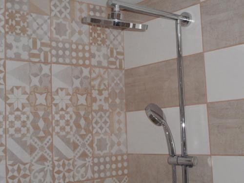 a shower with a shower head in a bathroom at Villa Fun & Sun in Limenaria