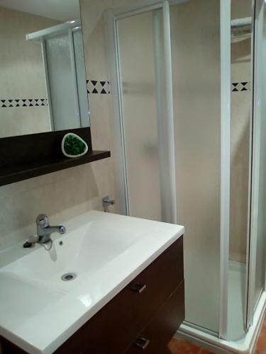 a bathroom with a white sink and a shower at Casa Rosalia in Castillonroy