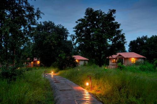 a path with lights in the middle of a field at Tathastu Kanha in Kānha