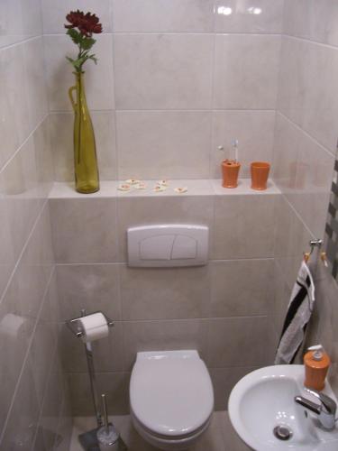 a bathroom with a white toilet and a sink at Domwigierski pl -Jeziorki -GR- Comfort-Ferienhaus-Polen - własna linia brzegowa i sauna in Wysoki Most