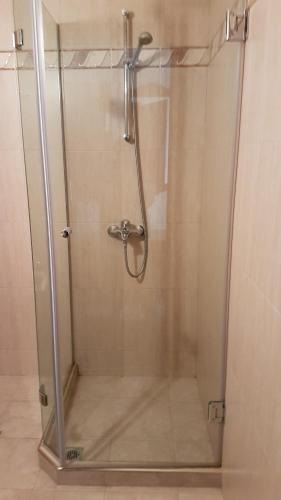 a shower with a glass door in a bathroom at Tashevi Apartments in Pomorie