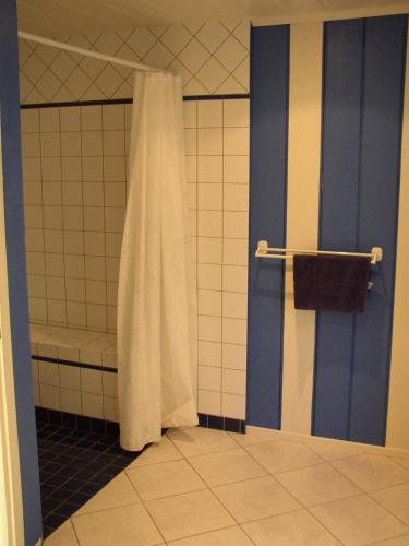 La salle de bains est pourvue d'une douche avec rideau. dans l'établissement Maison de MANON, à Illhaeusern