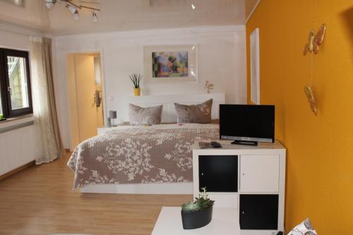 ein Schlafzimmer mit einem Bett und einem TV auf einem Tisch in der Unterkunft Ferienwohnung Spiegelberg in Spiegelberg