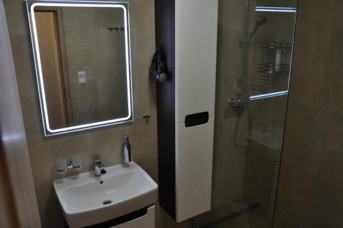 łazienka z umywalką i prysznicem z lustrem w obiekcie Apartmán 14 Lúčky Demänovská dolina w Demianowskiej Dolinie