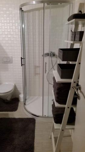 a bathroom with a shower and a stack of towels at Apartment Rina Deluxe in Šimuni