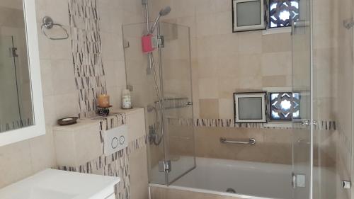 a bathroom with a shower and a tub and a sink at Jaffa Family Penthouse, sea front , 3BR, 2BA, in Tel Aviv