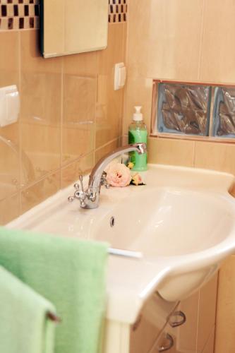 a bathroom sink with a green detergent bottle on it at Apartments Vila ViDa Orebić in Orebić