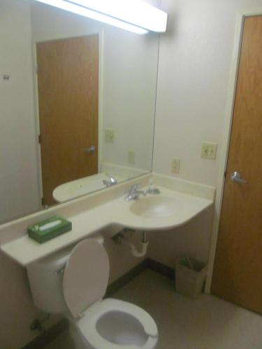 a bathroom with a sink and a toilet and a mirror at Microtel Inn by Wyndham Champaign in Champaign