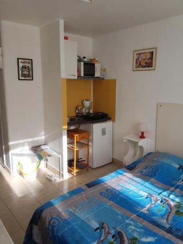 a bedroom with a bed and a kitchen in it at Résidence Appartement Adonis in Nice