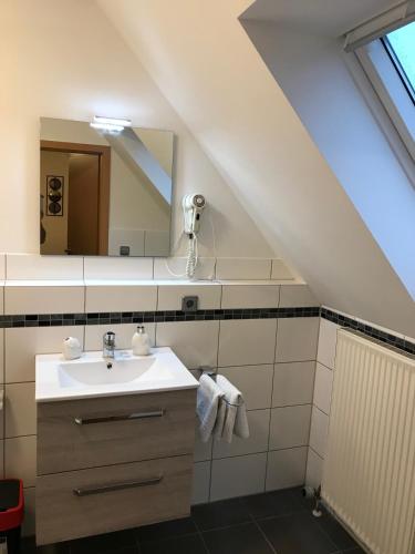 a bathroom with a sink and a mirror at Apartment-Pension Schwalbennest in Herzogenaurach