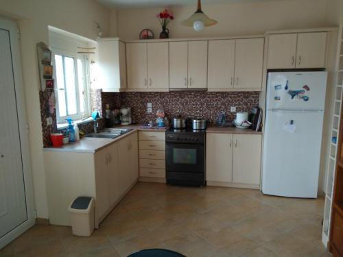 a kitchen with white cabinets and a white refrigerator at Dimitri's house in Dhílesi