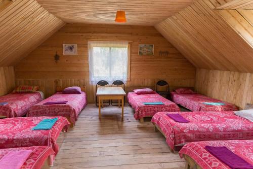 a room with five beds in a wooden cabin at Atpūtas komplekss Kalves in Mordanga