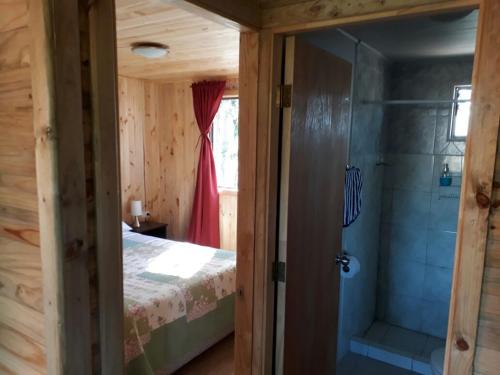 a bedroom with a bed and a shower in a room at Cabañas Don Tito in Buchupureo
