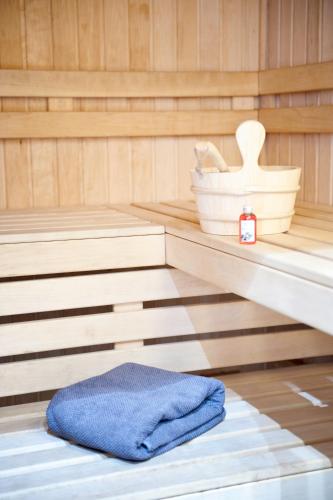 a sauna with a blue towel on the floor at Hof van Eersel in Eersel