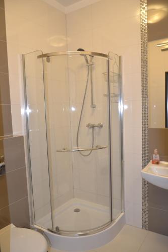 a shower with a glass door in a bathroom at Warszawa Stare Bielany in Warsaw