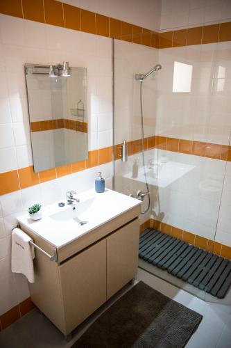 a bathroom with a sink and a shower at Desafios da Horta in Souto da Velha
