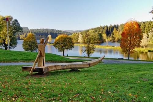 a wooden boat sitting in the grass near a lake at Ferienwohnung Familie Resch in Wegscheid