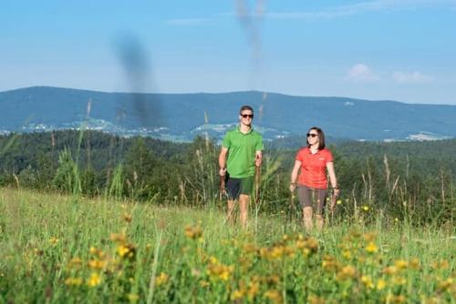 a man and woman standing in a field of grass at Ferienwohnung Familie Resch in Wegscheid