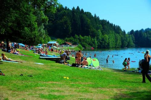 a crowd of people on a beach near a lake at Ferienwohnung Familie Resch in Wegscheid