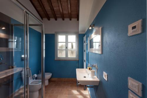 モンタルチーノにあるAgriturismo Speretaの青いバスルーム(洗面台、トイレ付)