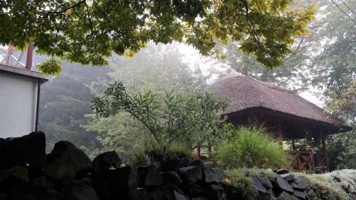 a building with a thatch roof and a tree at Mátraszentimre Panzió in Mátraszentimre