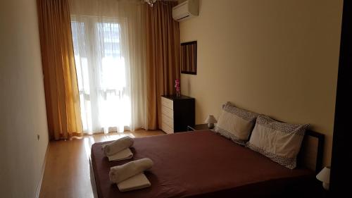 a bedroom with a bed with two pillows and a window at Zefira Apartments in Pomorie