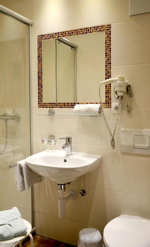 a bathroom with a sink and a toilet and a mirror at Ferienwohnungen Eiblhuber in Tannheim