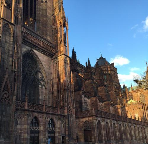 a large cathedral with a clock tower at Quai 17 Maison d'hôtes in Strasbourg