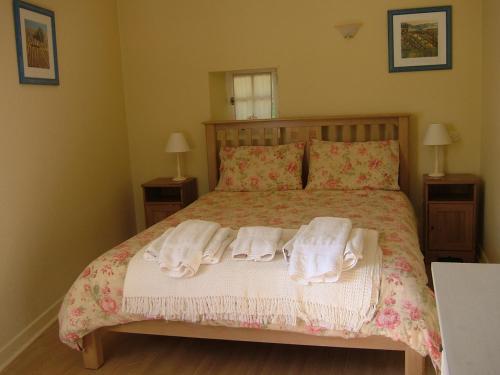 une chambre avec un lit avec des serviettes dessus dans l'établissement le Vitrier, à Saint-Jean-de-Muzols